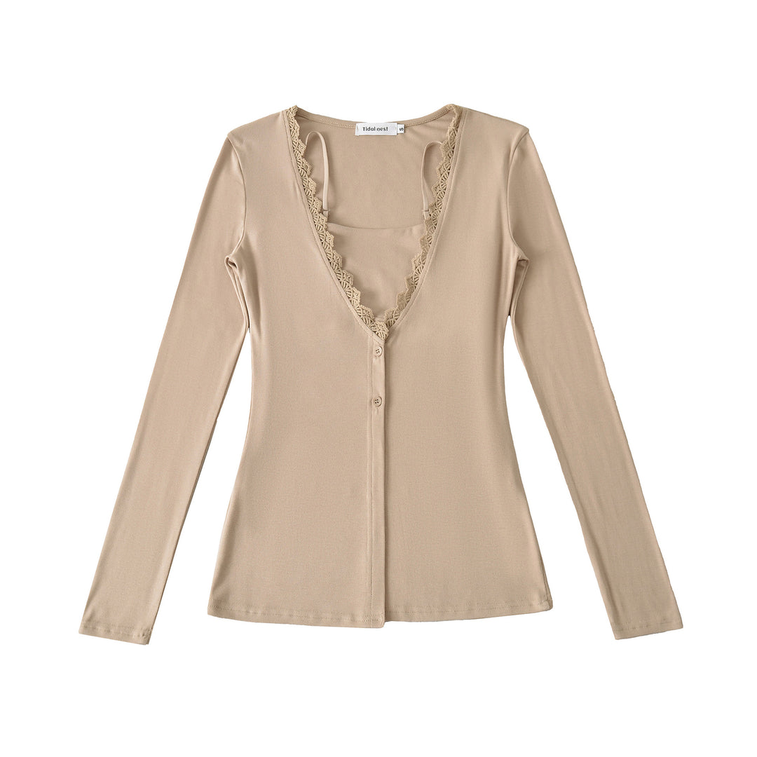 Damen Langarmoberteil mit elegantem Spitzenkragen Drune