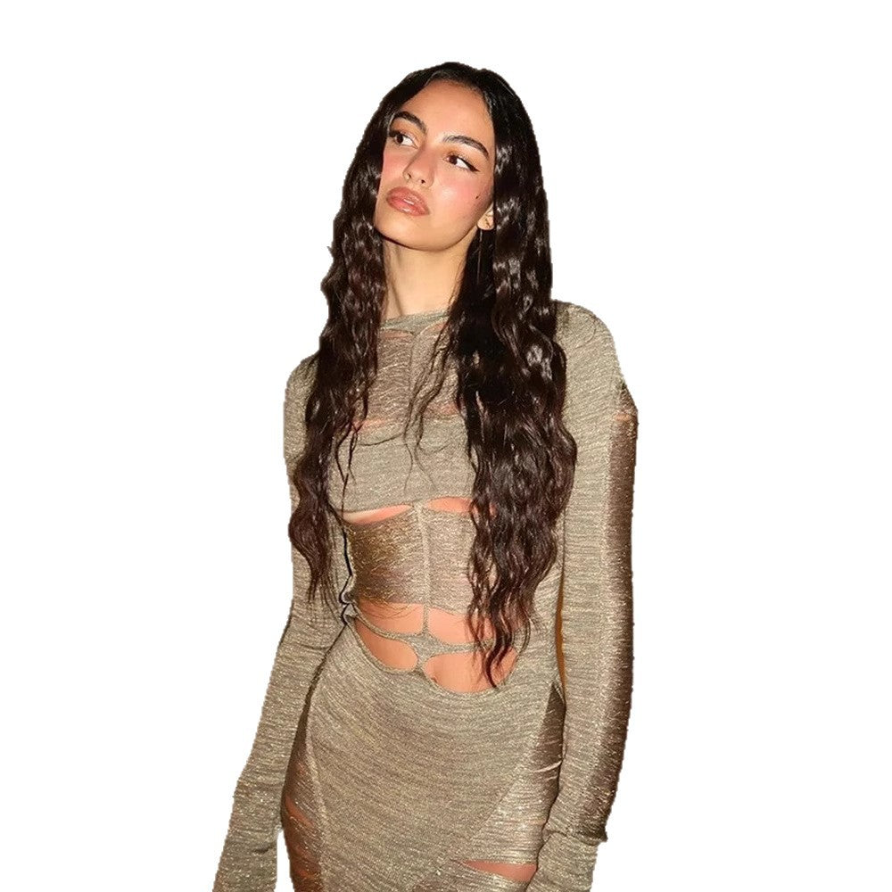 Damen Cut-Out Abendkleid mit langen Ärmeln und schwingendem Saum Drune