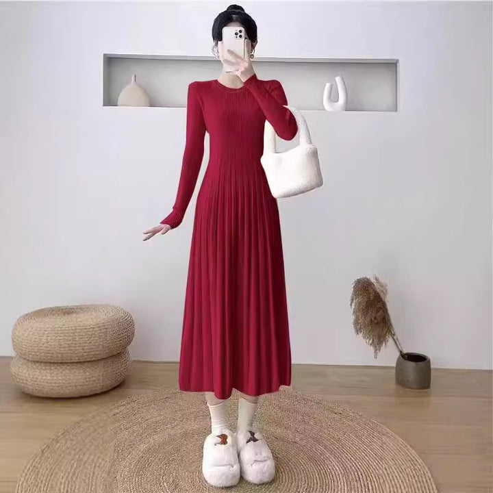 Damen Strickkleid mit plissiertem Design und eleganten Ärmeln Drune