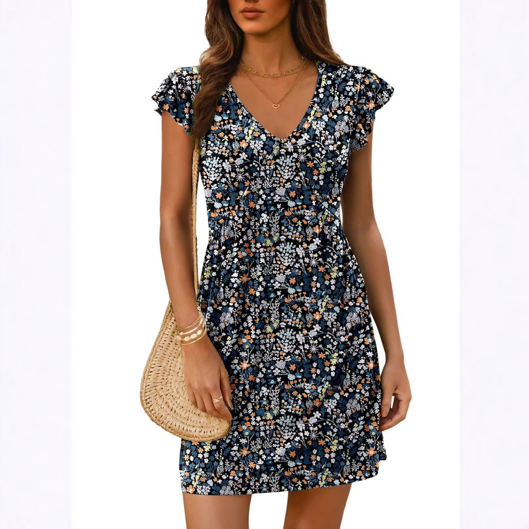 Damen luftiges sommerliches Kleid mit floralem Muster und V-Ausschnitt Drune