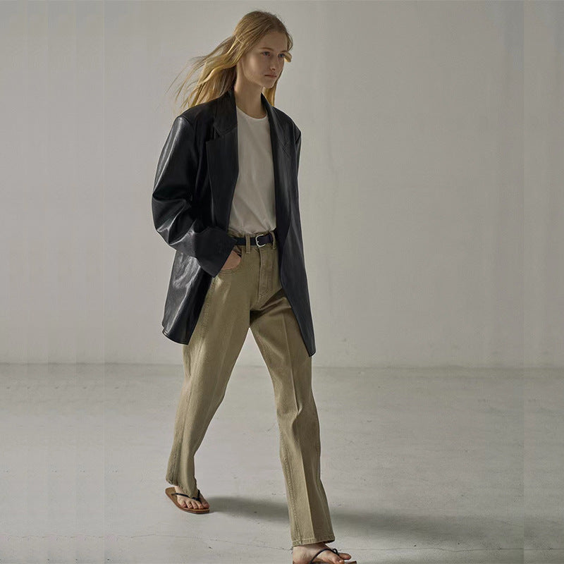 Damen lässiger Oversized-Blazer aus hochwertigem Kunstleder Drune