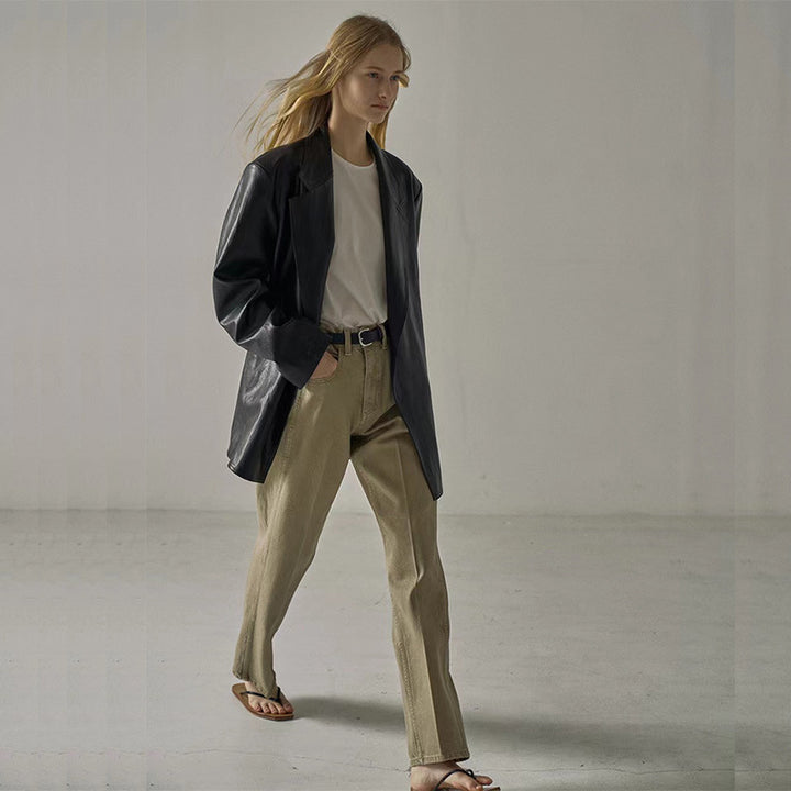 Damen lässiger Oversized-Blazer aus hochwertigem Kunstleder Drune