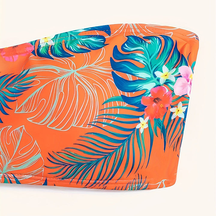 Damen Bandeau-Bikini-Set mit tropischem Druck und bequemen Trägern Drune