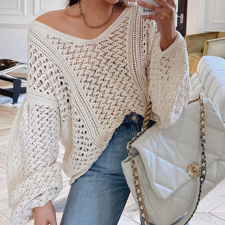 Damen luftiger Strickpullover mit V-Ausschnitt und langen Ärmeln Drune