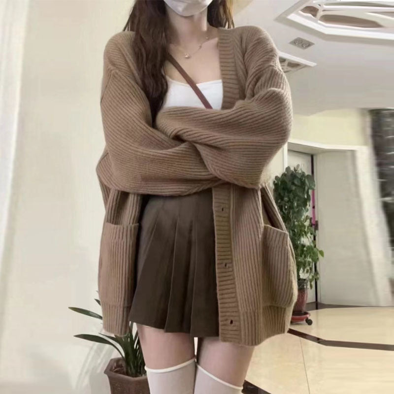 Damen Grobstrick Cardigan mit Taschen und tiefem V-Ausschnitt Drune
