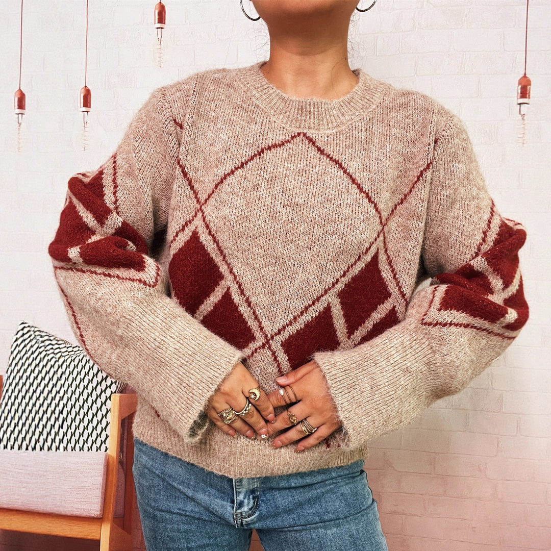 Damen Strickpullover mit modernem Karomuster Drune