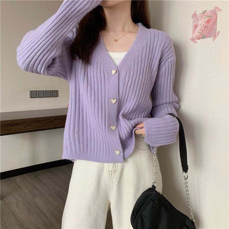 Damen Rippenstrick Cardigan mit herzförmigen Knöpfen Drune