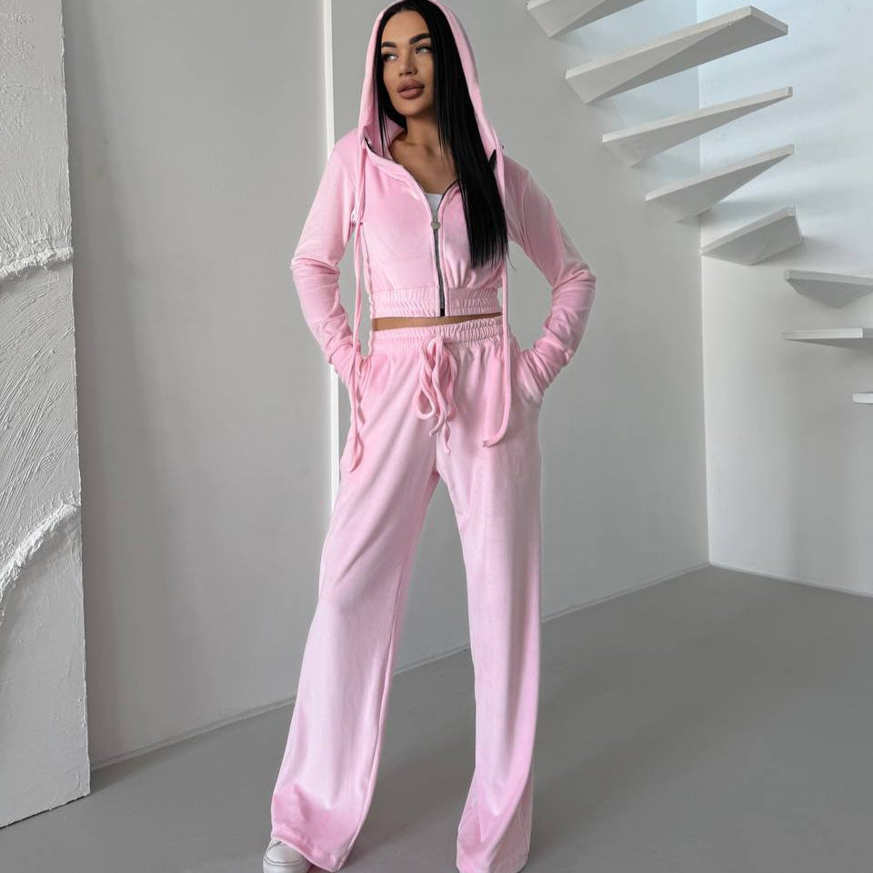Damen Velours Lounge-Set mit tailliertem Hoodie und elastischen Hosen Drune