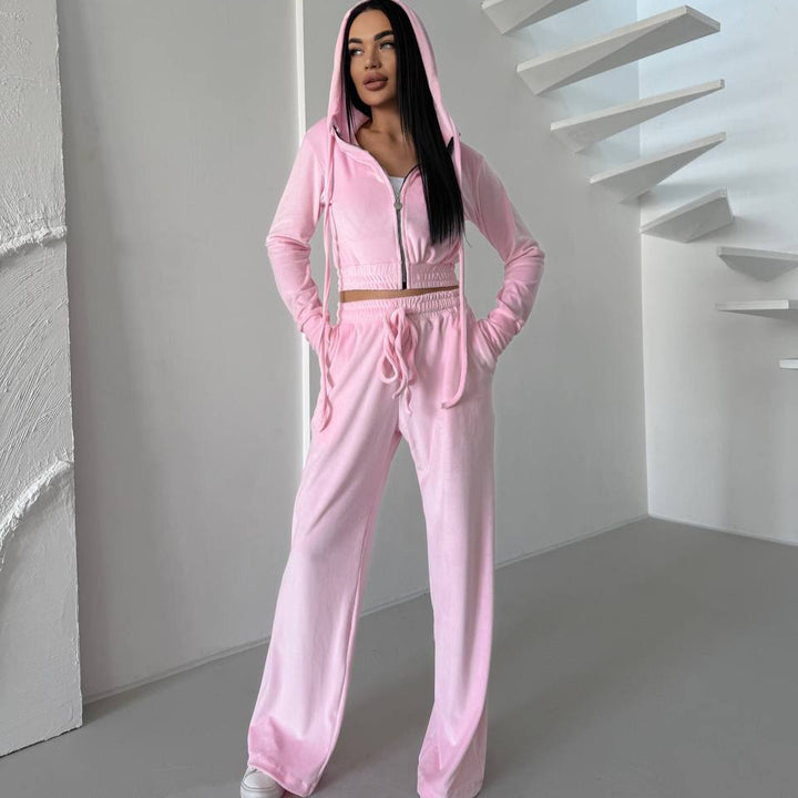 Damen Velours Lounge-Set mit tailliertem Hoodie und elastischen Hosen Drune