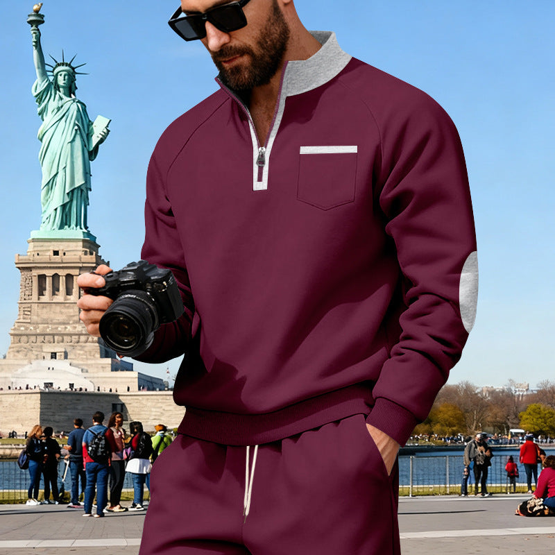 Herren nan Fleece-Quarterzip Pullover mit Brusttasche und Ellbogenpatches Drune