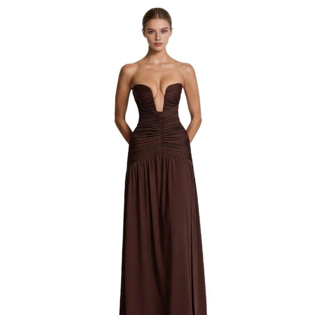 Damen Elegantes Maxikleid mit tiefem V-Ausschnitt und raffinierten Drapierungen Drune
