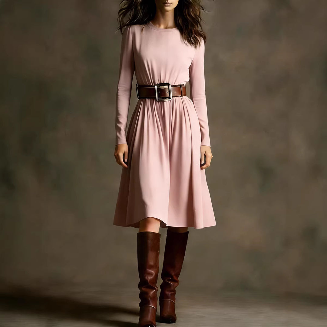 Damen Elegantes Kleid mit langem Arm und Taillengürtel Drune