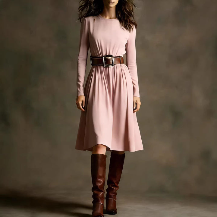 Damen Elegantes Kleid mit langem Arm und Taillengürtel Drune