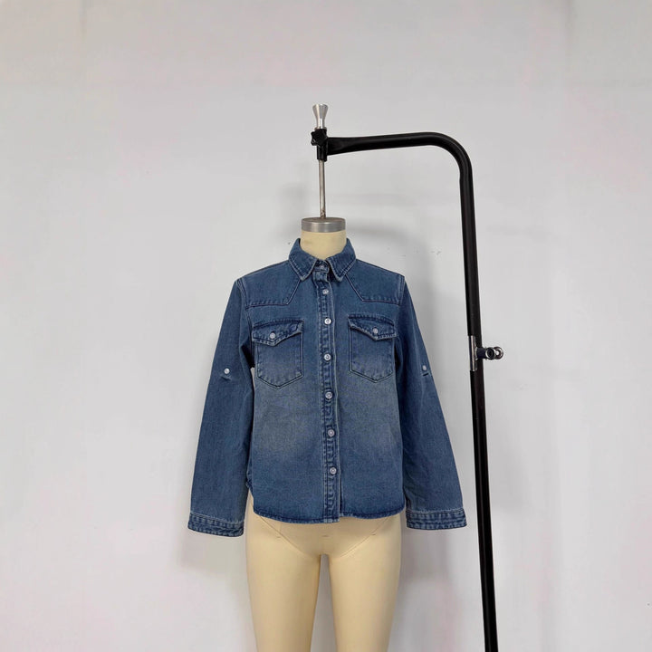 Damen lässige Denim-Bluse mit aufgesetzten Taschen und leicht tailliertem Schnitt Drune