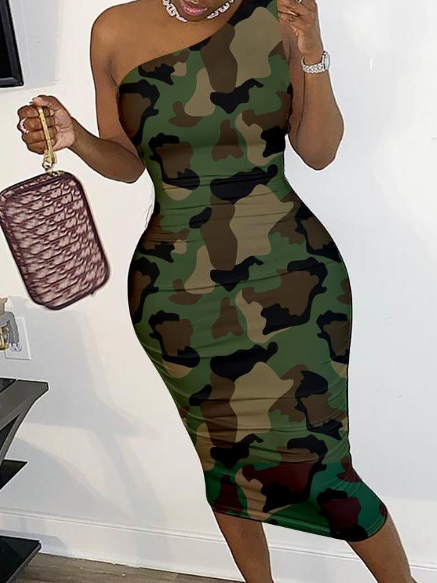 Damen Figurumspielendes Kleid mit eindrucksvollem Grafikmuster und asymmetrischem Schnitt Drune
