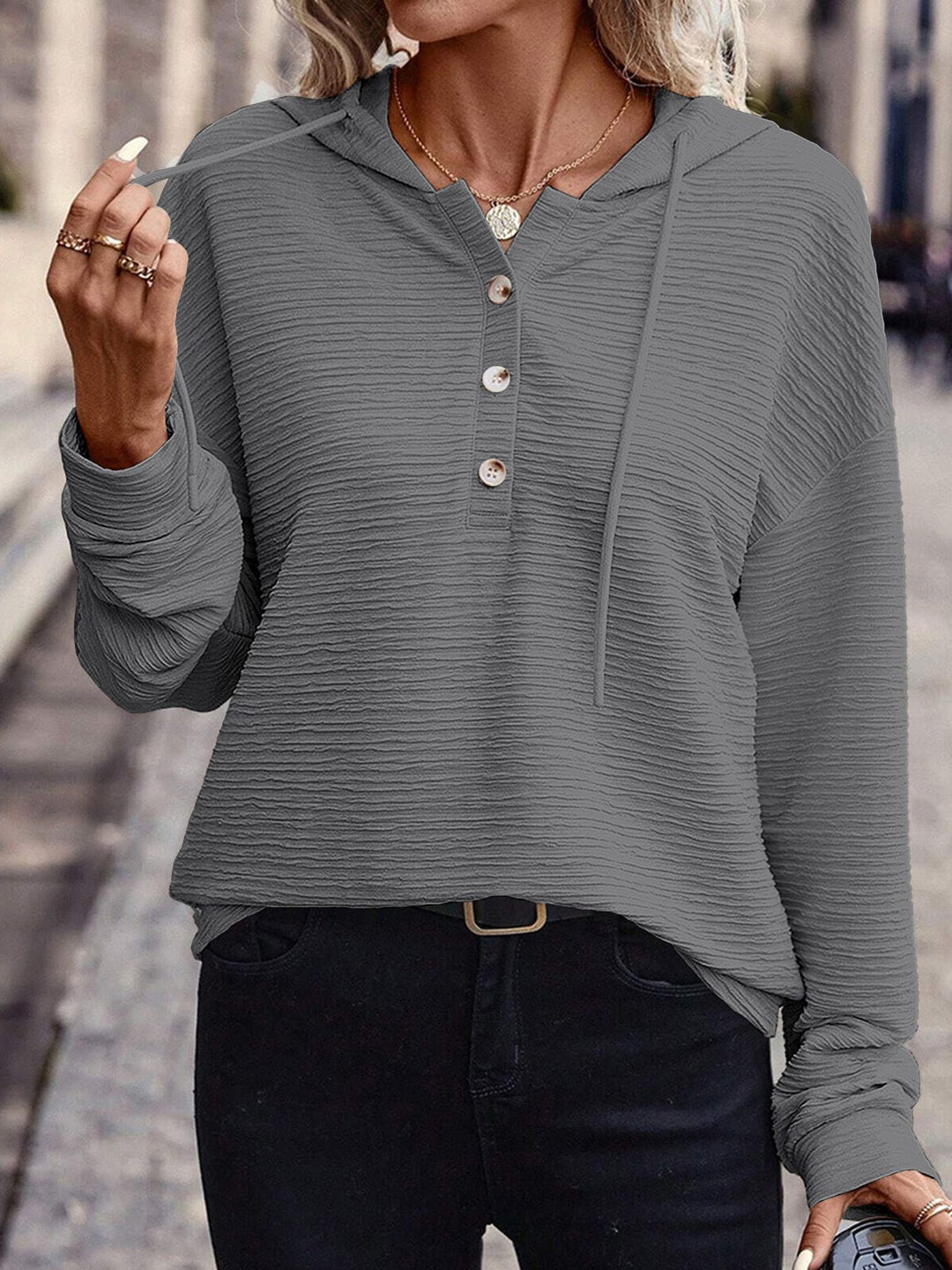 Damen Kapuzenshirt mit Knopfleiste und strukturierter Oberfläche Drune