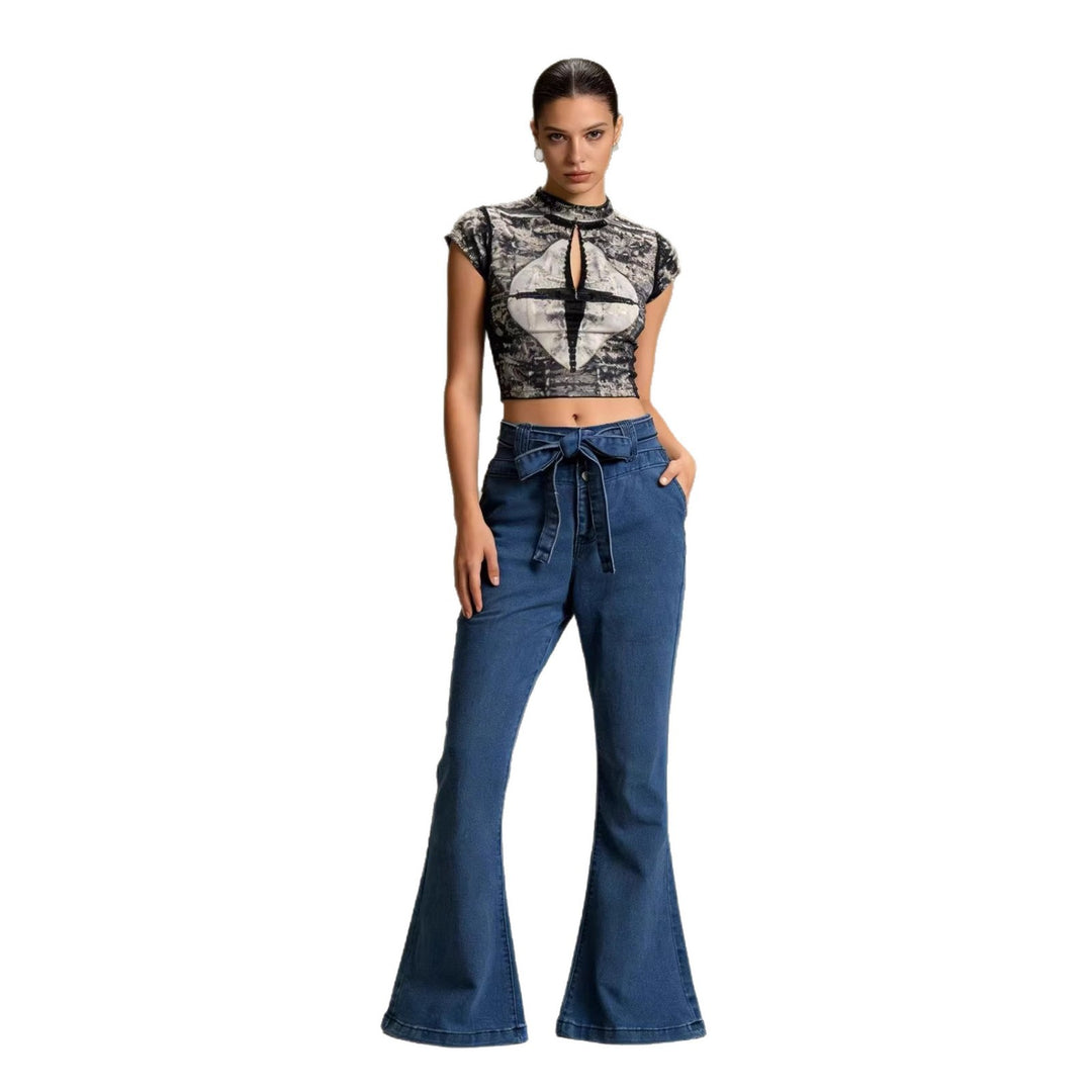 Damen Flared Jeans mit Gürtel und hohem Bund Drune