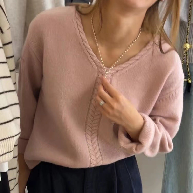 Damen Eleganter V-Ausschnitt Pullover mit feinem Zopfmuster Drune