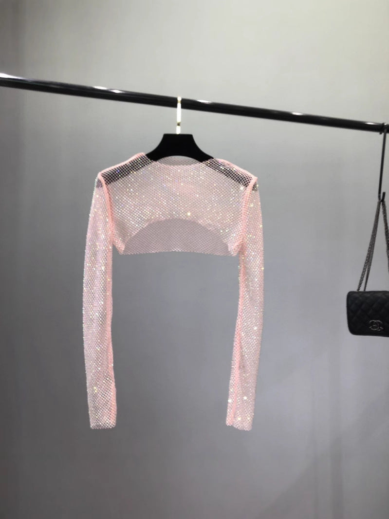 Damen Netzoberteil mit funkelndem Design und elastischen Ärmeln Drune