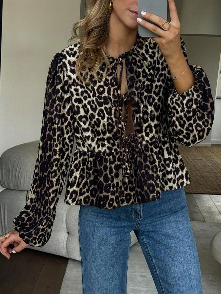 Damen Bluse mit Leo-Print und Rüschen Drune