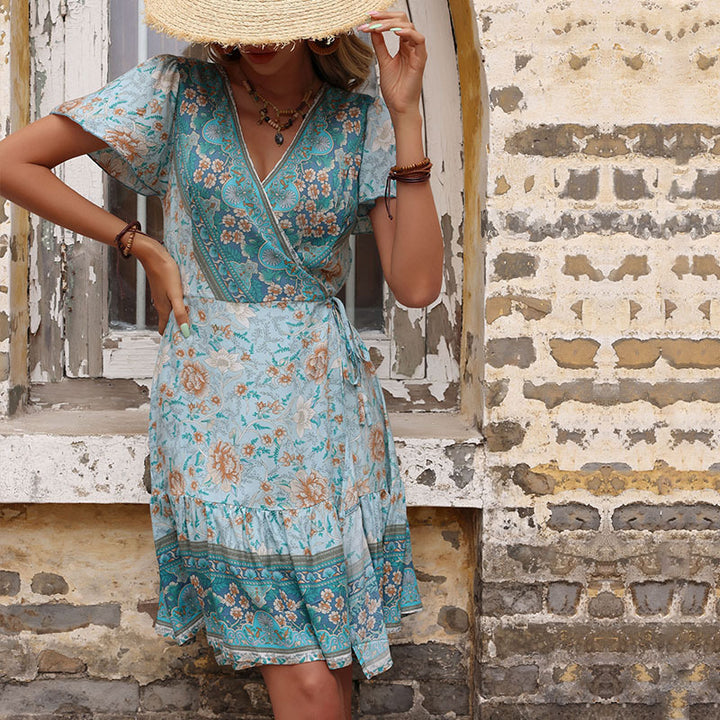 Damen Lockere Wickelkleid mit floralem Design und Rüschensaum Drune