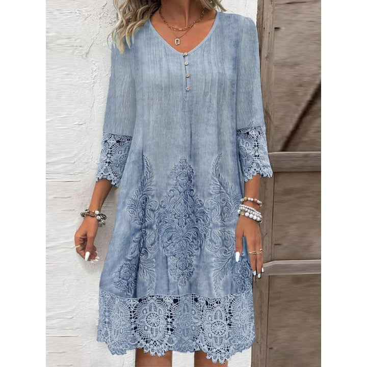 Damen Elegantes Kleid mit Spitzenapplikationen und Knopfdetail Drune