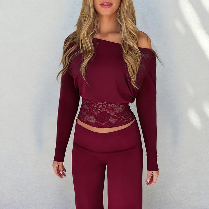 Damen elegantes Crop-Top mit Spitzenbesatz und langen Ärmeln Drune