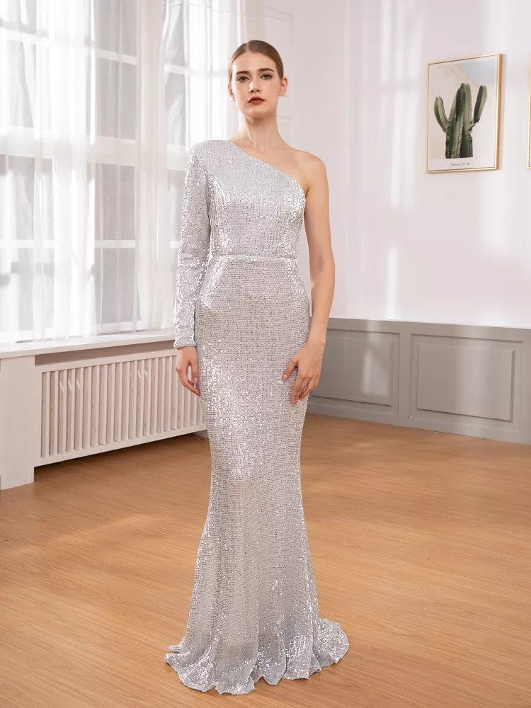 Damen Glitzerndes Elegantes Abendkleid mit schimmerndem Effekt und asymmetrischem Schnitt Drune