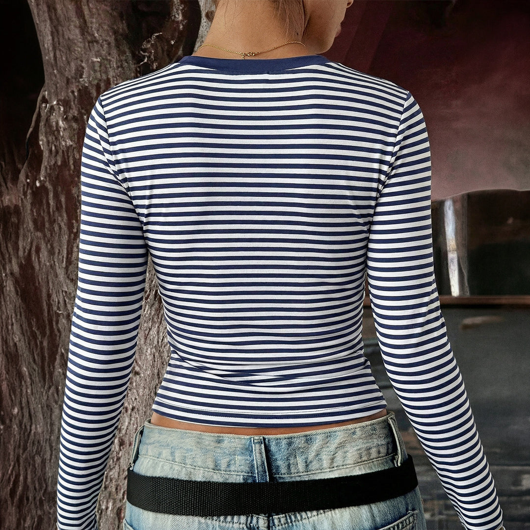 Damen nan gestreiftes eng anliegendes Langarm-Cropped-Shirt aus Stretchjersey mit Rundhalsausschnitt Drune