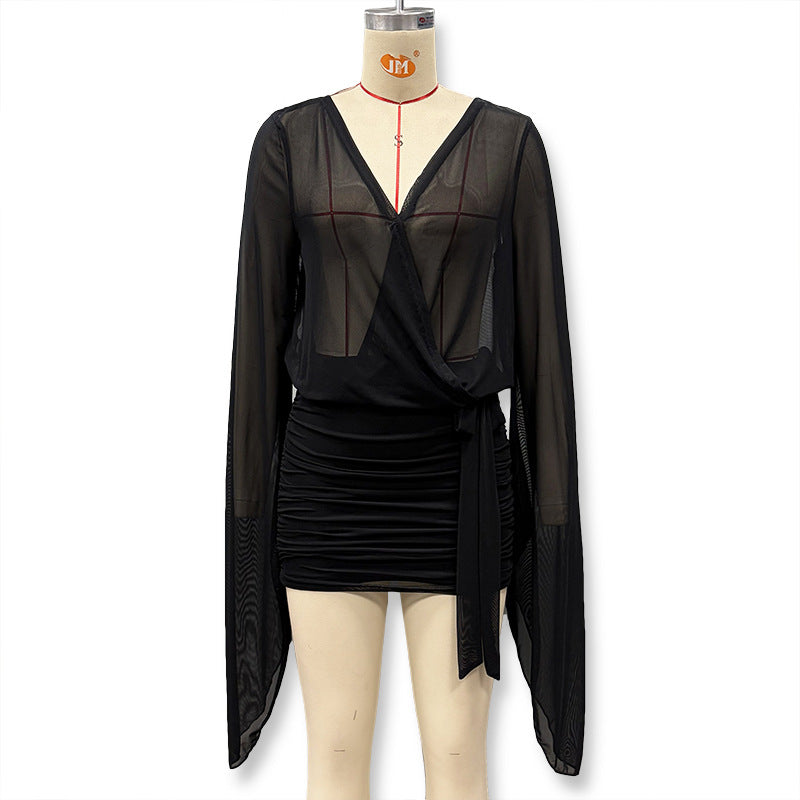 Damen Wickelbluse mit transparenten Ärmeln und figurformendem Design Drune