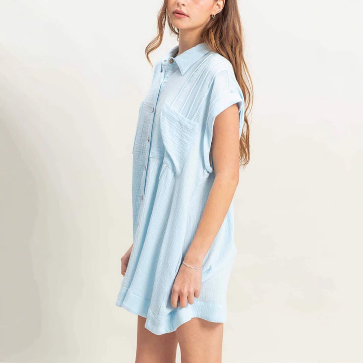 Damen lässige Bluse mit hohen Armöffnungen und zwei aufgesetzten Taschen Drune