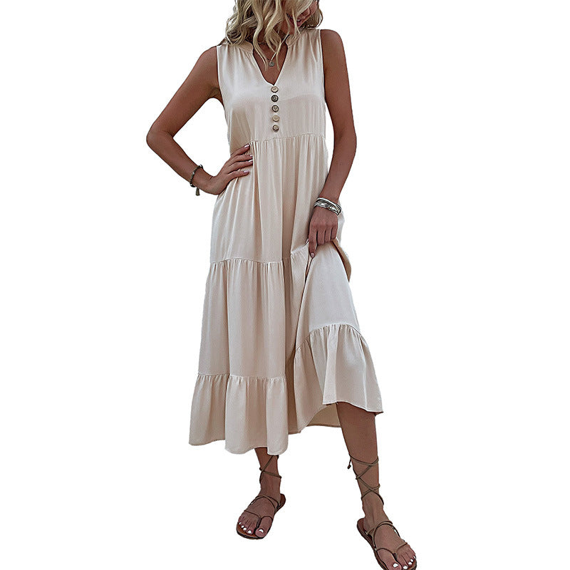 Damen luftiges Maxikleid mit Knopfdetails und Rüschensaum Drune