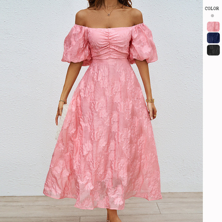 Damen elegantes Maxi-Kleid mit floralem Relief und schulterfreiem Design Drune