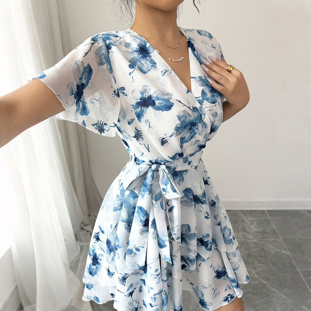 Damen Wickelkleid mit floralem Muster und schwingendem Rock Drune
