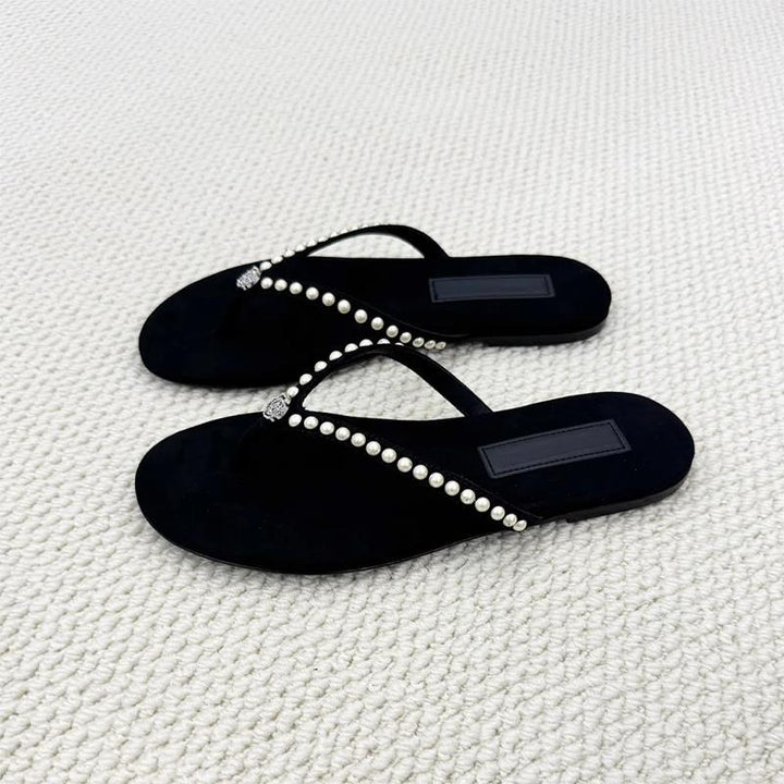 Damen Zehentrenner-Sandalen mit dekorativem Perlenschmuck und komfortablem Fußbett Drune