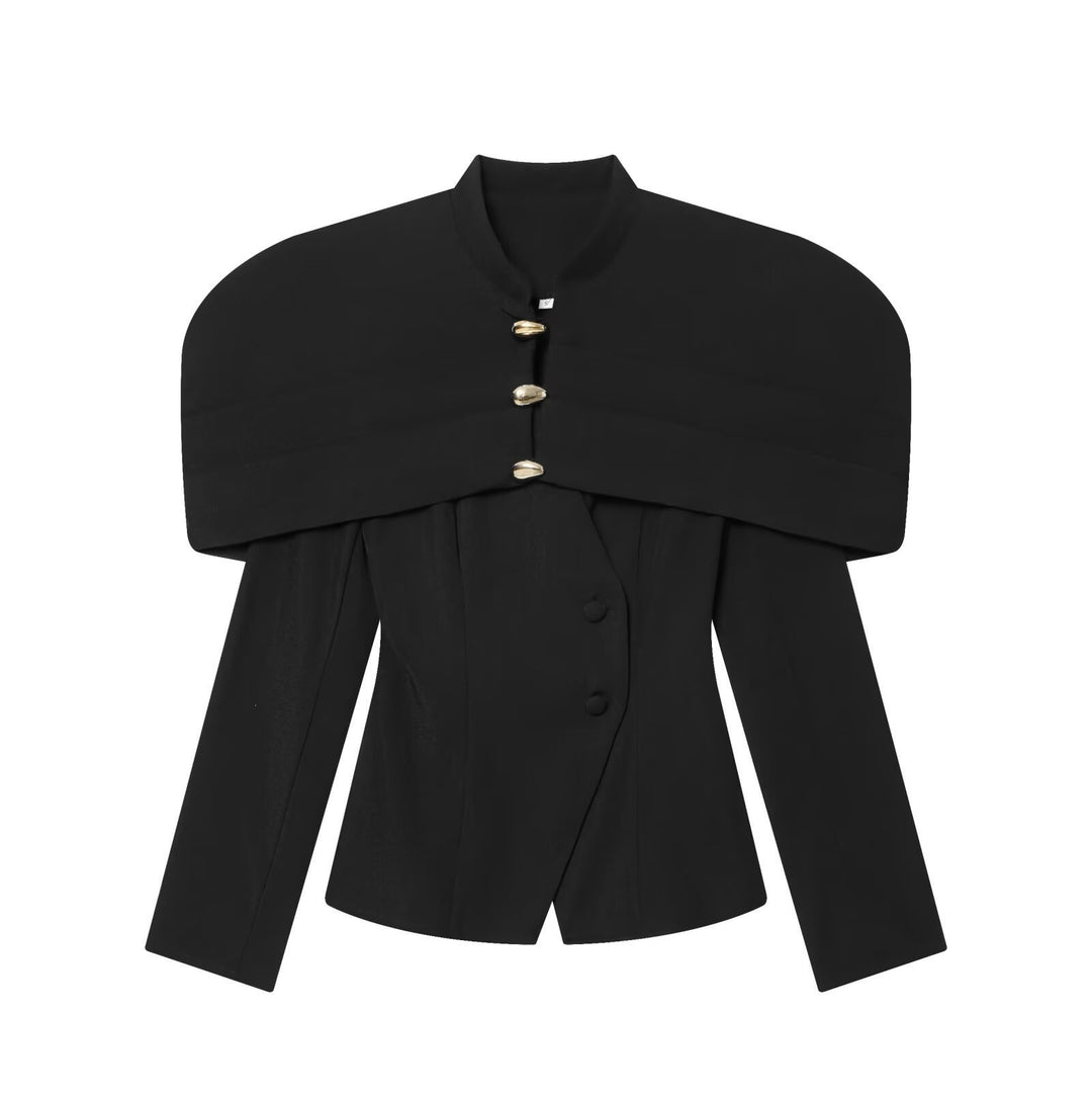Damen elegante Blazerjacke mit übergroßen Schulterklappen und goldenen Knopfdetails Drune
