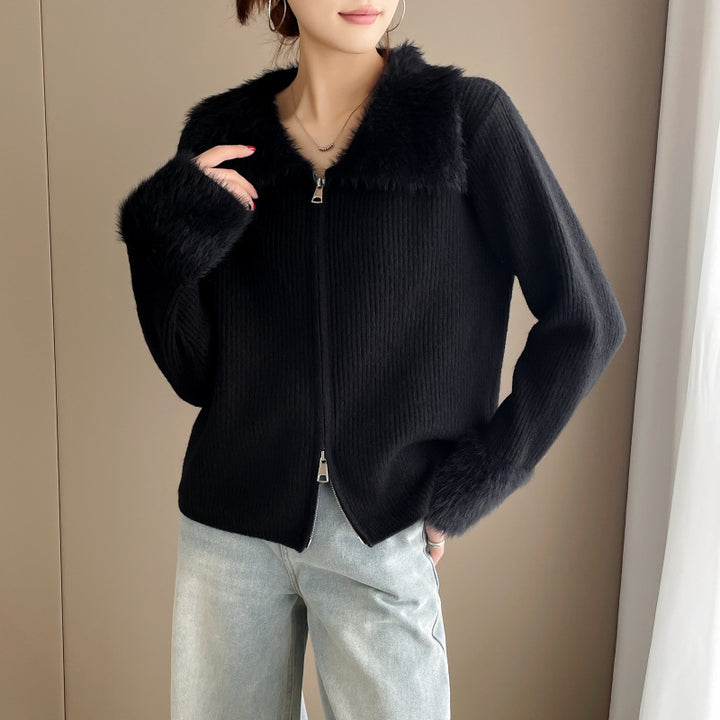 Damen Strickjacke mit luxuriösem Kunstfellkragen und Rippstruktur Drune