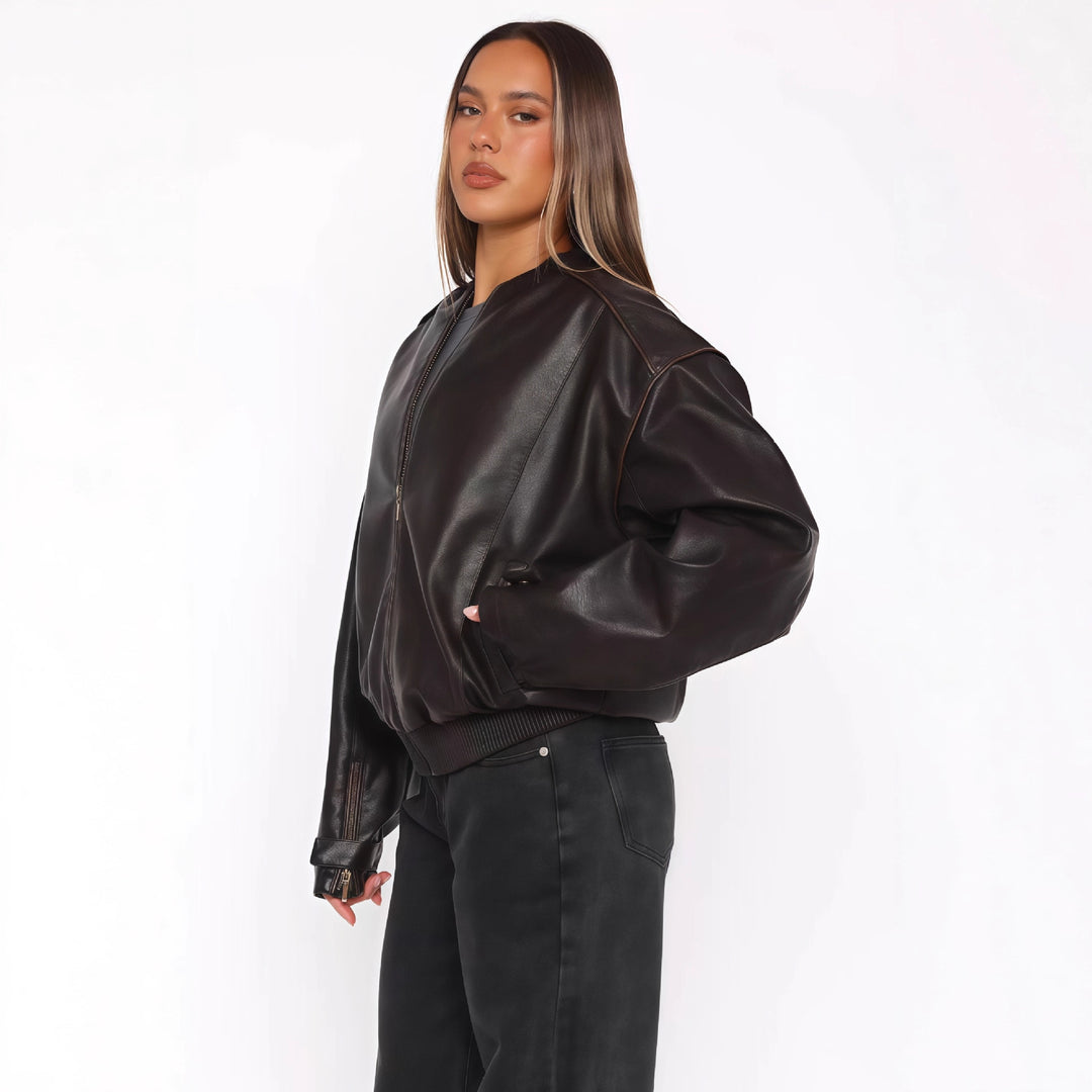 Damen modische cropped Lederjacke mit lässigem Schnitt Drune