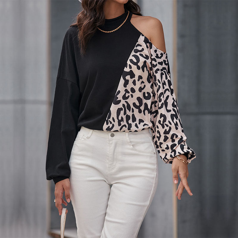 Damen modisches Langarmshirt mit Leopardenmuster und asymmetrischen Einsätzen Drune