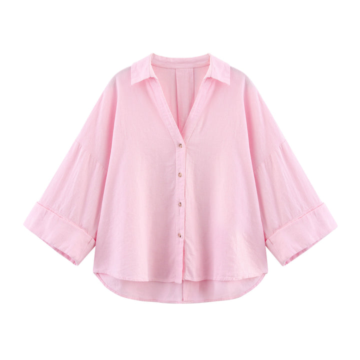 Damen lässige Bluse mit voluminösen Ärmeln und durchgehender Knopfleiste Drune