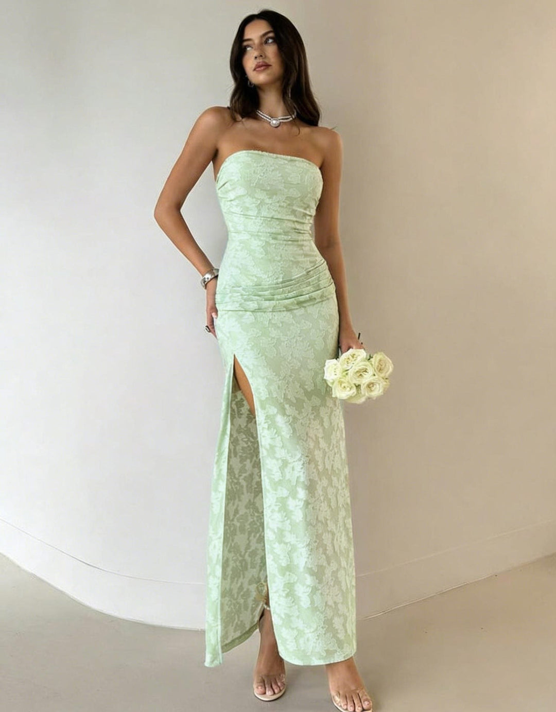 Damen Elegantes Maxikleid mit floralem Design und hoher Teilung Drune