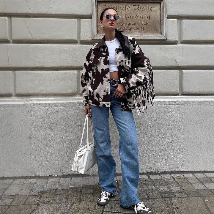Damen Oversized Fransenjacke mit Kuhmuster Drune