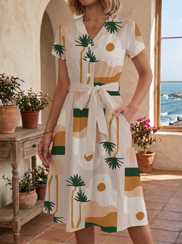 Damen lässiges Kleid mit modernem Leoprint und taillierbarem Gürtel Drune