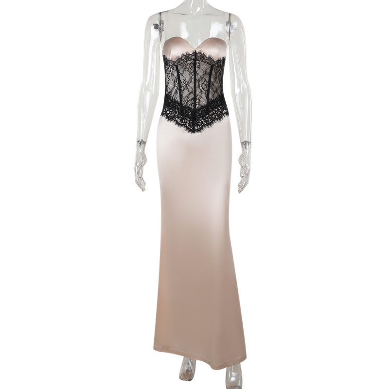 Damen Langarm-Boudoir-Kleid mit Spitzenoberteil Drune
