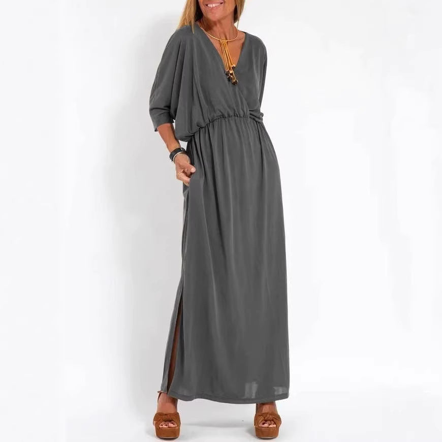 Damen elegantes Maxikleid mit seitlichem Schlitz und flexiblem Taillenbund Drune