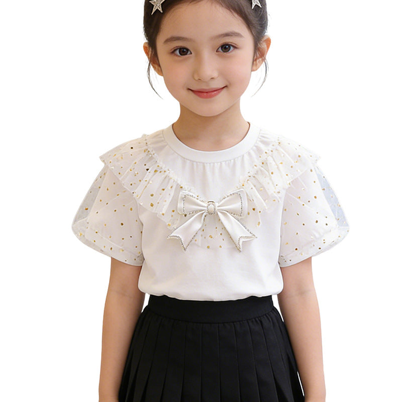Mädchen T-Shirt mit Rüschendetails und transparenten Puffärmeln Drune