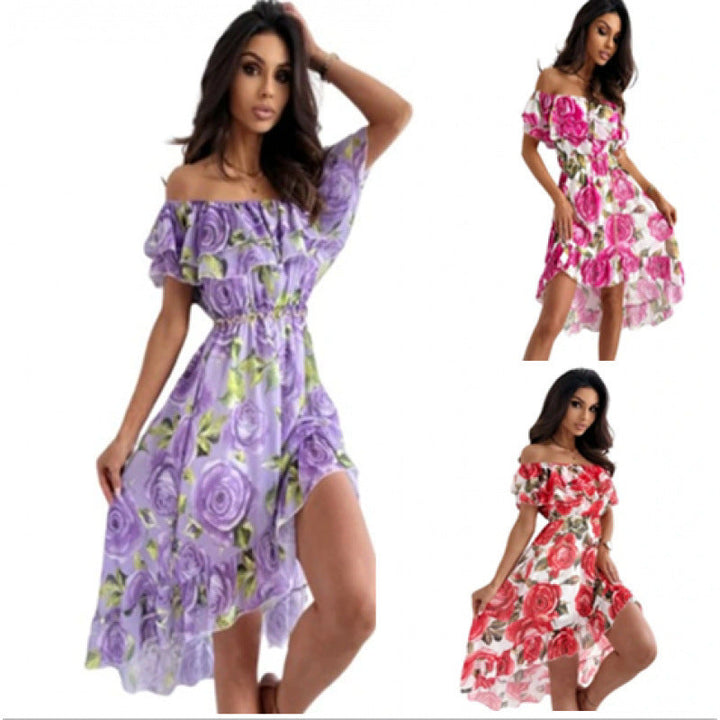 Damen Off-Shoulder Kleid mit Rüschendetails und floralem Druck Drune