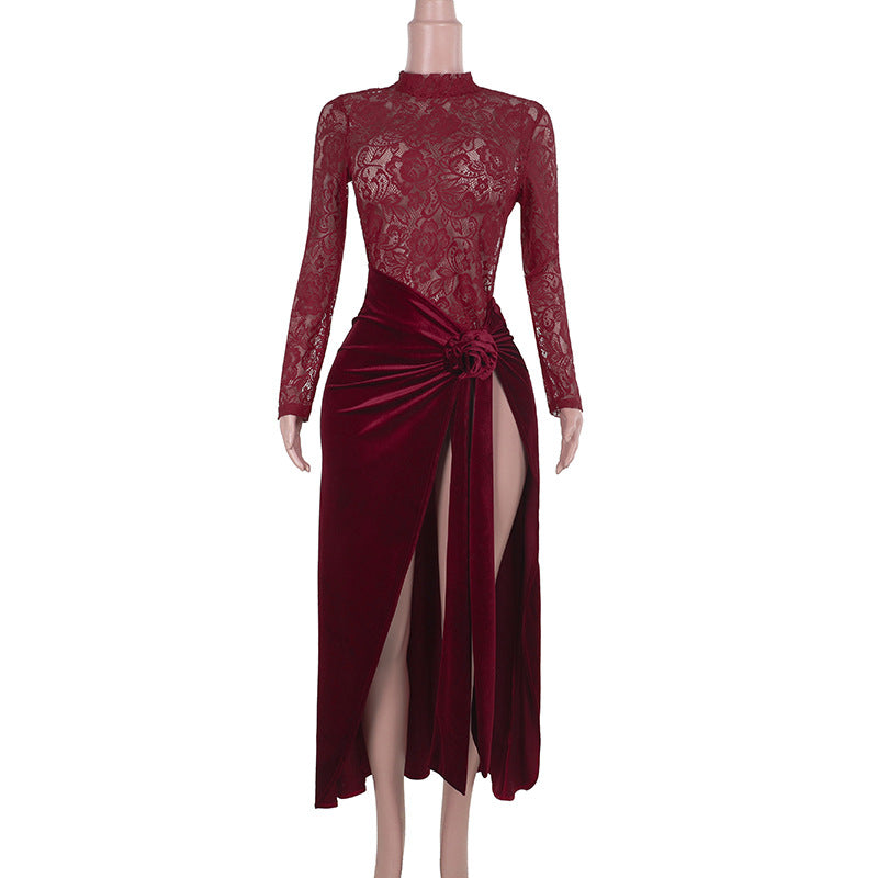 Damen Elegantes Spitzen- und Samt-Abendkleid mit hohem Schlitz und dekorativem Gürtel Drune
