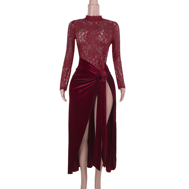 Damen Elegantes Spitzen- und Samt-Abendkleid mit hohem Schlitz und dekorativem Gürtel Drune
