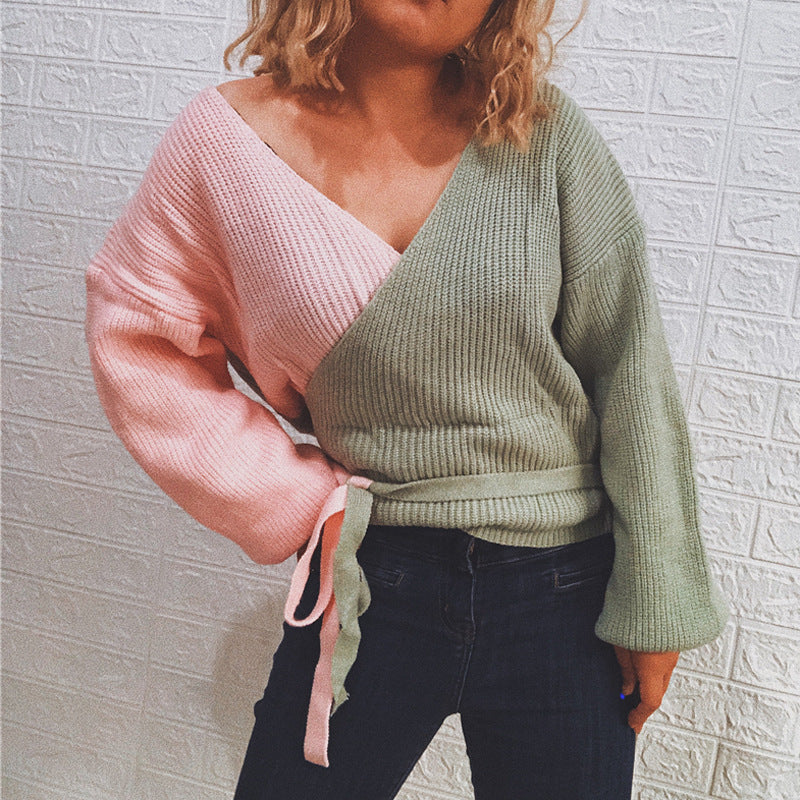 Damen Wickelpullover mit elegantem Rippdesign und modischen Bindebändern Drune